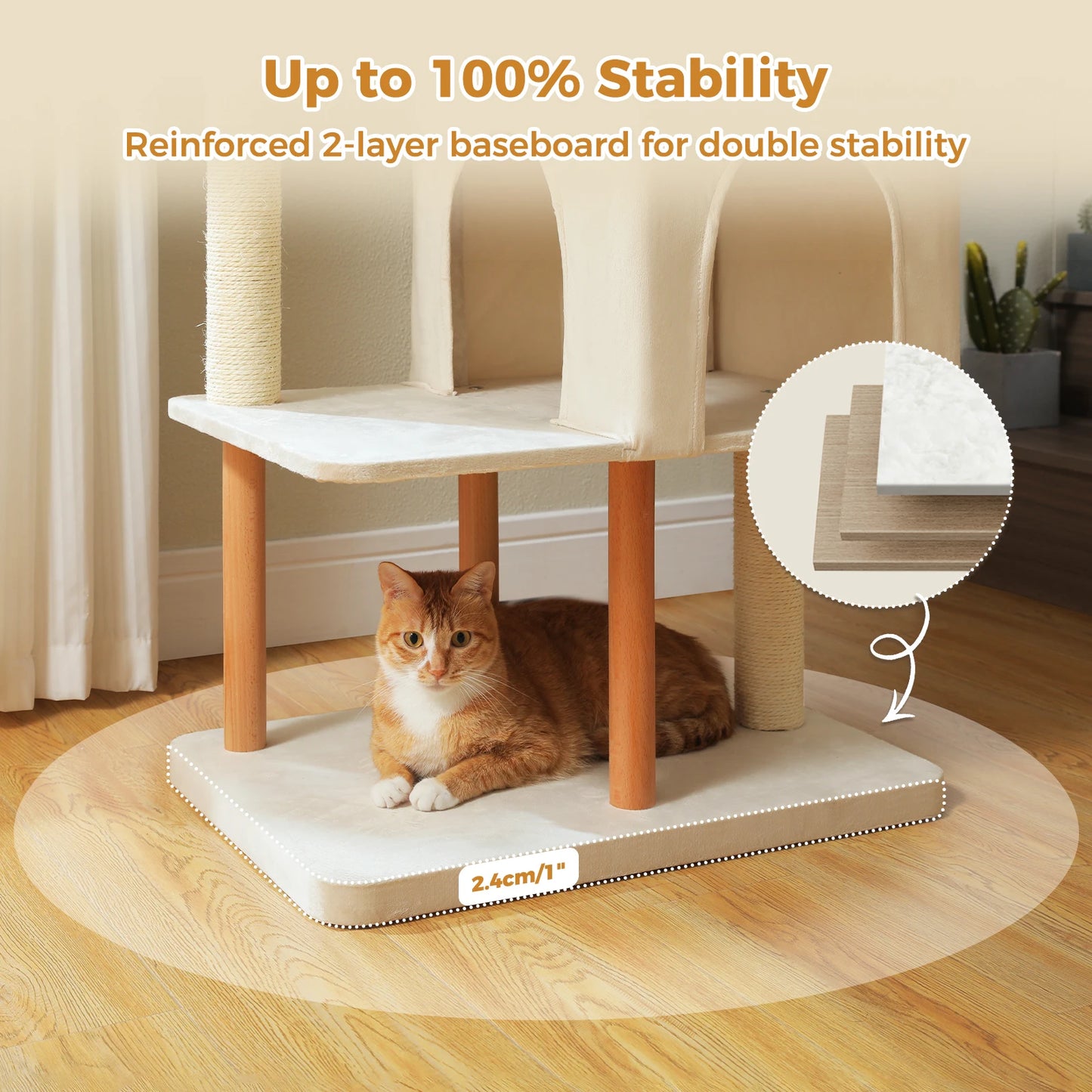 Modern Cat Tree for Indoor Cats, Multi-Level Cat Tree with Lage Cat Condo, Sisal Scratching Posts, Natural Wood Posts, Soft Bed