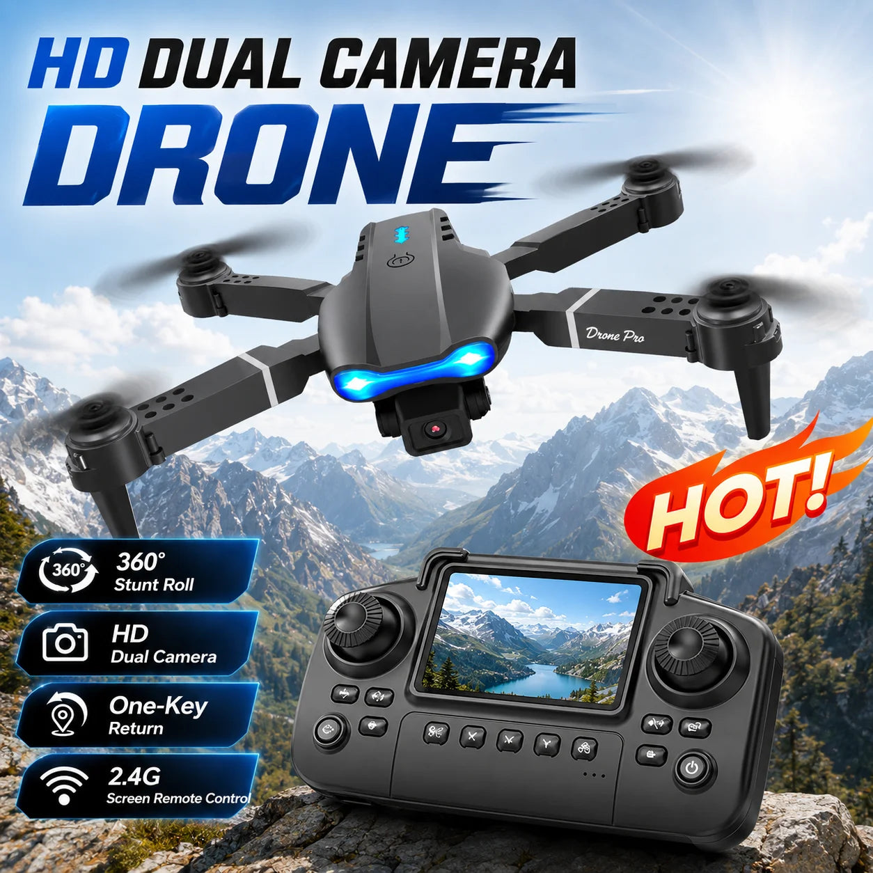 RC Drone with Screen Remote Control 4K Dual Camera Optical Flow Positioning Obstacle Avoidance Foldable FPV WIFI APP Control One Key Return 360° Flip Quadcopter Toy for Beginners