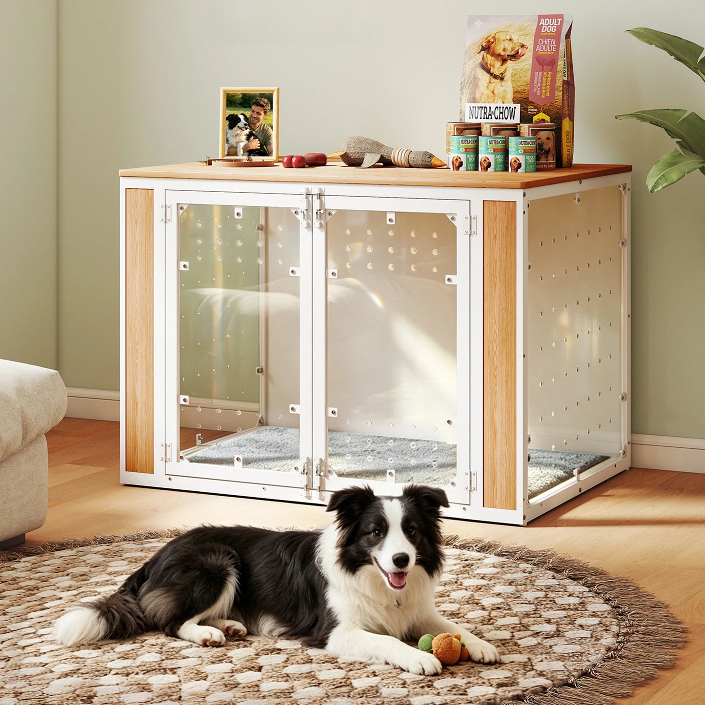 Modern Acrylic Dog Crate Furniture with Wood Top,Indoor Dog Crate Furniture Style End Table, Chew-Proof Breathable Pet Kennel with Double Doors, Stylish Indoor Dog House End Table for Medium to Large Dogs, (Suitable for 20-90lbs)