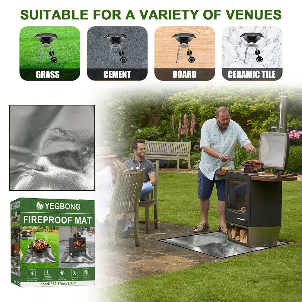 100cm x 100cm Griddle BBQ Mat Heat Resistant Fire Retardant Base Pad 3 Layers Large Fire Pit Mat Easy To Clean for Grass Outdoor