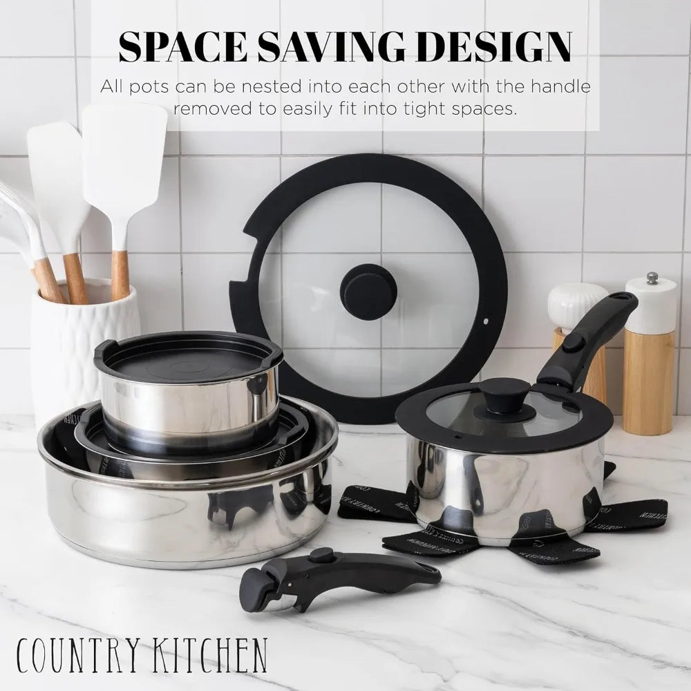 Country Kitchen Cookware Set with Removable Handle, Oven & RV Safe Pots and Pans Set, Stainless Steel