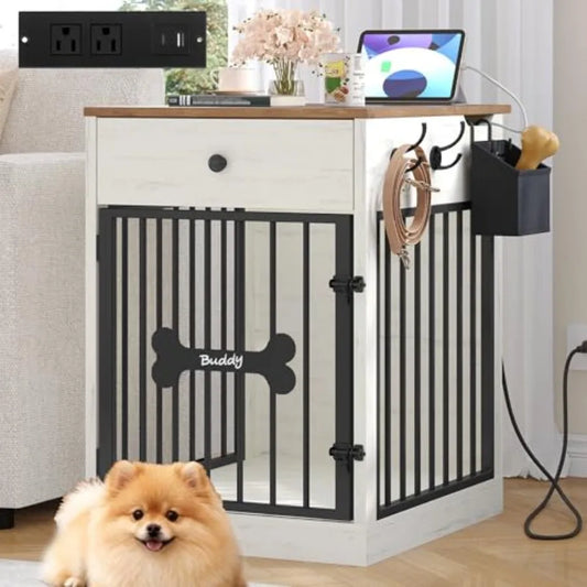 24.6'' Dog Crate Furniture with Charging Station, Dog Kennel Indoor with Flip-Top Storage, Wooden Pet Cage Dog House End Side Table
