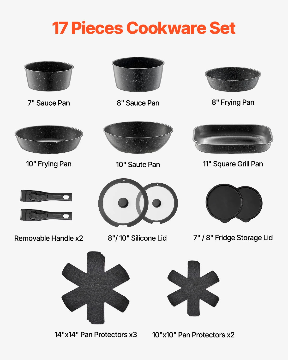 17 Pcs Nonstick Cookware Set Granite Pots and Pans Set Induction Cookware Kitchen Cooking Set w/Frying Sauce Saute Pan