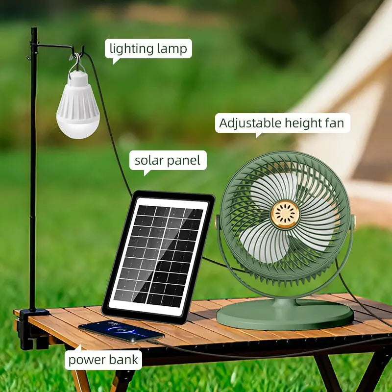 Portable Solar Fan, Multifunctional Camping Fan, Solar Panel or USB Rechargeable Fan, 5 Wind Speeds, 4 Adjustable Heights Floor Fan/Table Fan, Can Charge Mobile, Suitable for Indoor and Outdoor Activities and Emergencies.