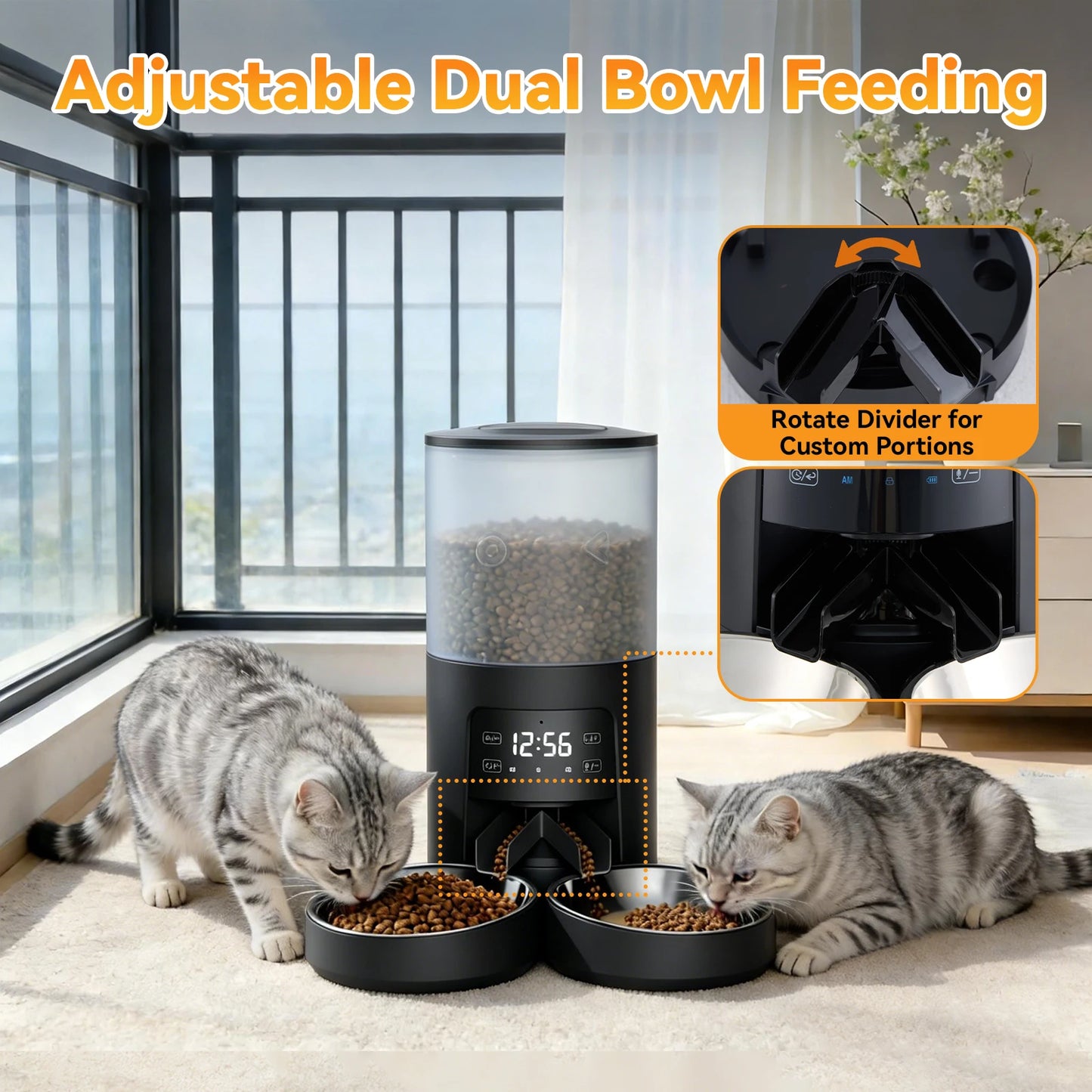 6L Automatic Cat Feeder with 2 Stainless Bowls Timed Cat Food Dispenser Dual Power Supply Dual Pet Feeder for Cat and Dog