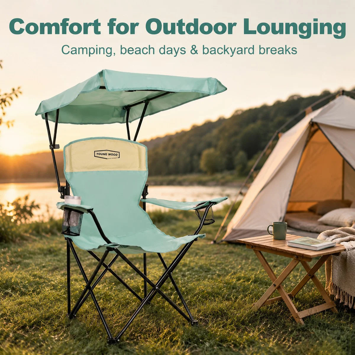 Portable Beach Chair with Cup Holder & Side Pocket, Duty Lawn Chair with Carry Bag for Camping, Beach, Fishing, Patio, Hiking, Outdoor Folding Camping Chair with Adjustable Canopy