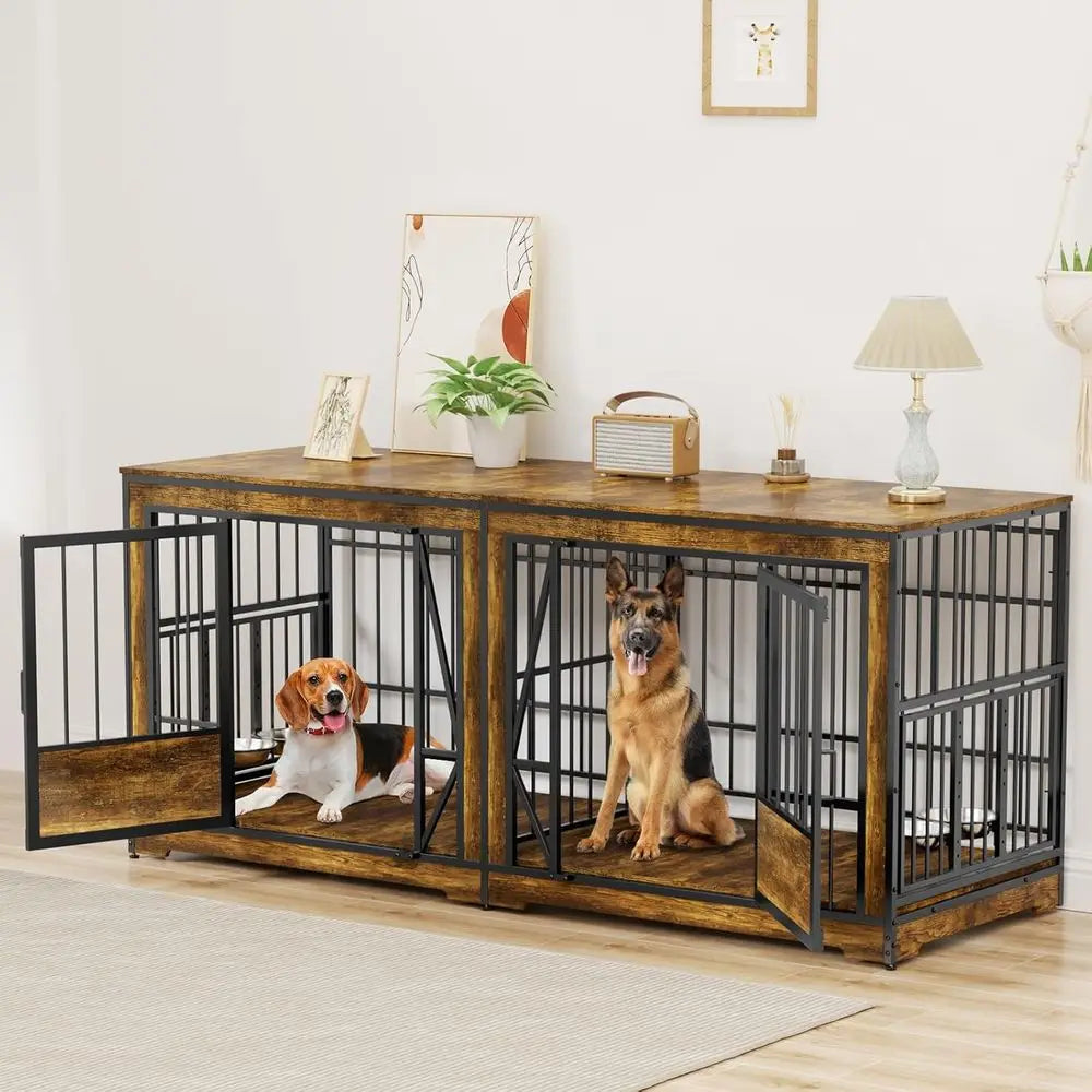 XL Double Dog Crate Furniture, TV Stand with Adjustable Divider, 4 Bowls, Suitable for Medium to Small Breeds, Brown