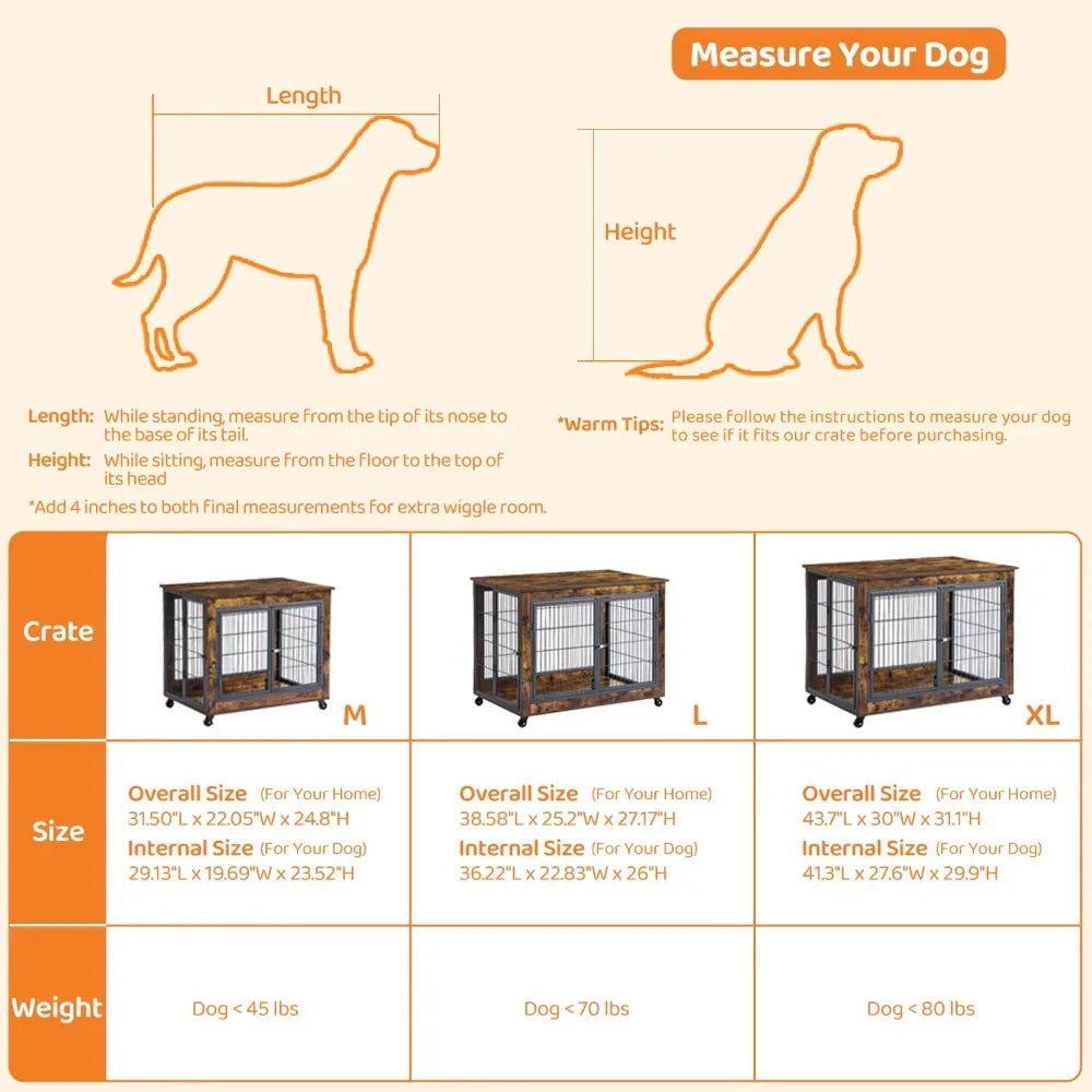 Wooden Dog Crate Furniture with 43.7" Kennel, 3-Door Access, Flip-Up Top, and Wheels for Decorative Pet Housing