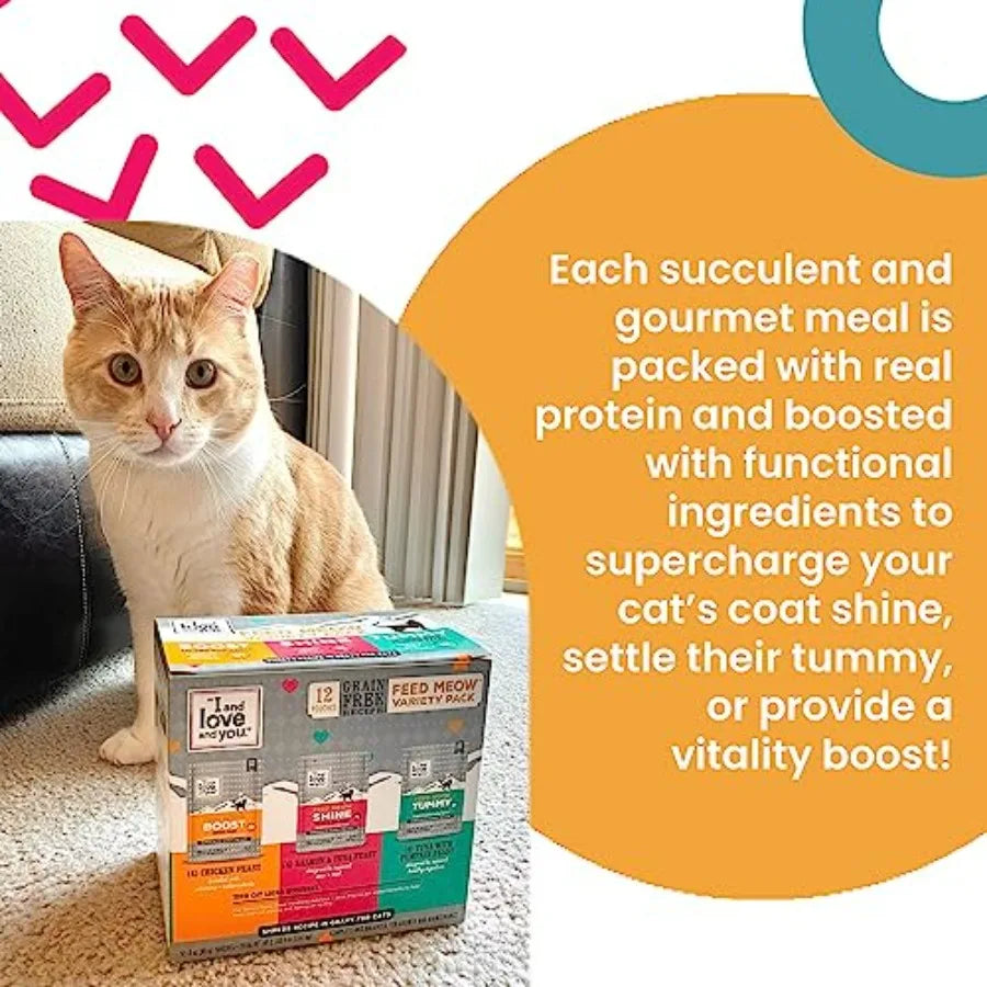 Feed Meow Shine Wet Cat Food - Salmon + Tuna - Coat and Skin Support, Grain Free, Shreeded, No Fillers, 3oz Pack of 12