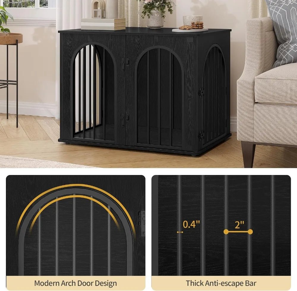 31.5" Wooden Dog Crate Furniture, Indoor Kennel for Small/Medium Dogs, Heavy Duty Pet House End Side Table TV Stand, Black