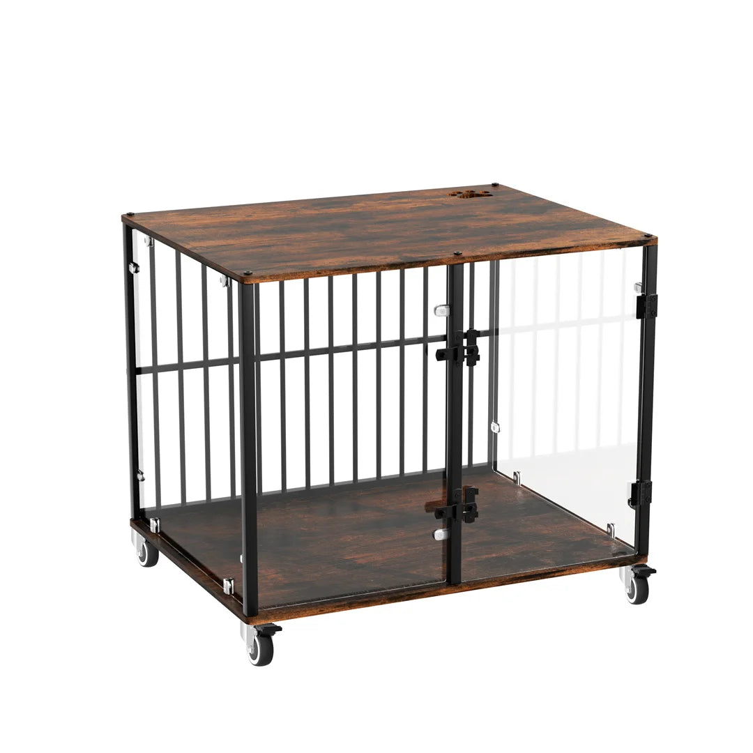 Anti-Bite Pet Kennel Furniture with Side Table,Tempered Glass Dog Cage Iron Pet Crate with Wheels for Indoor Use