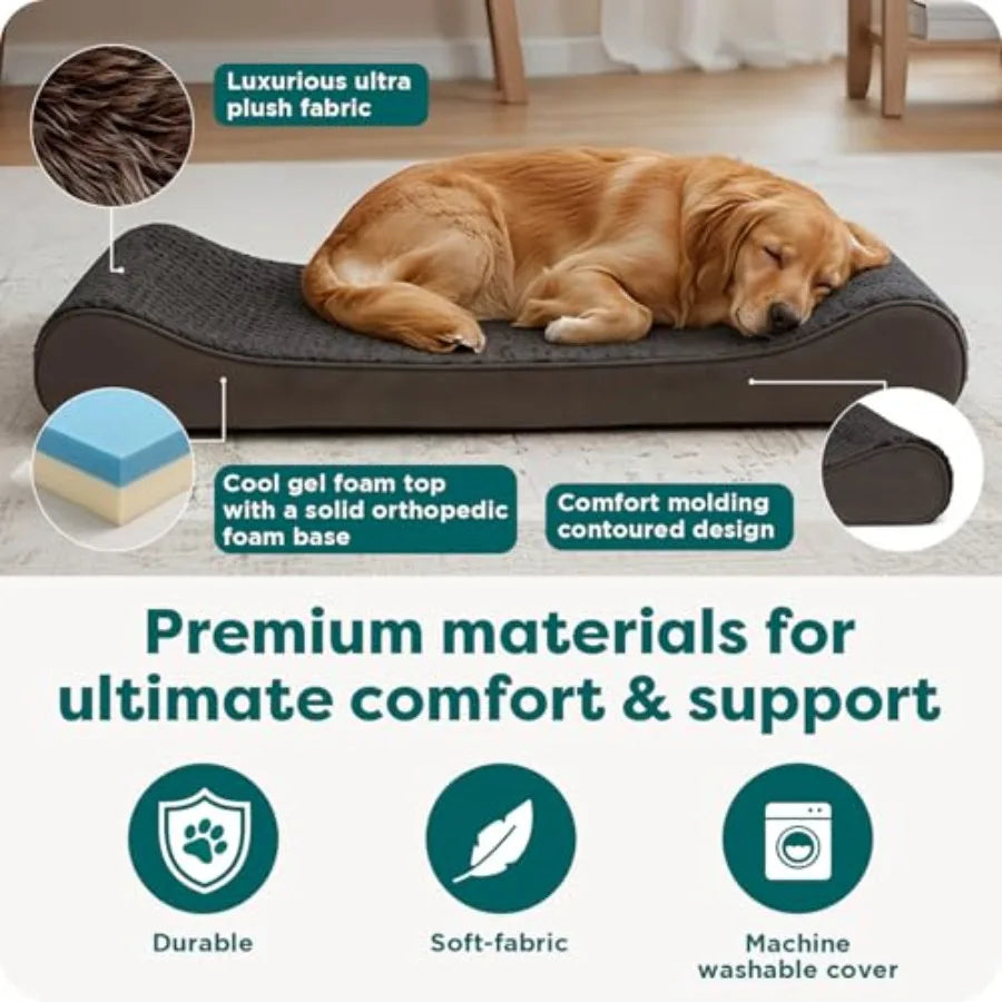 Cooling Gel Dog Bed for Large Dogs w/ Removable Washable Cover For Dogs Up to 150 lbs - Ultra Plush Faux Fur Suede Luxe Lounger