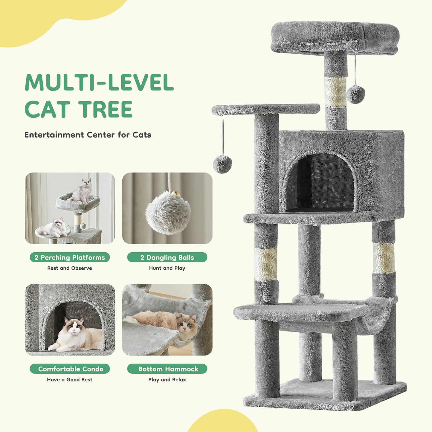 44" Cat Tree Tall Multi-Cat Climbing Tower for Pet Furniture Natural Sisal Scratching Posts Stable Pet House for Indoor Cat