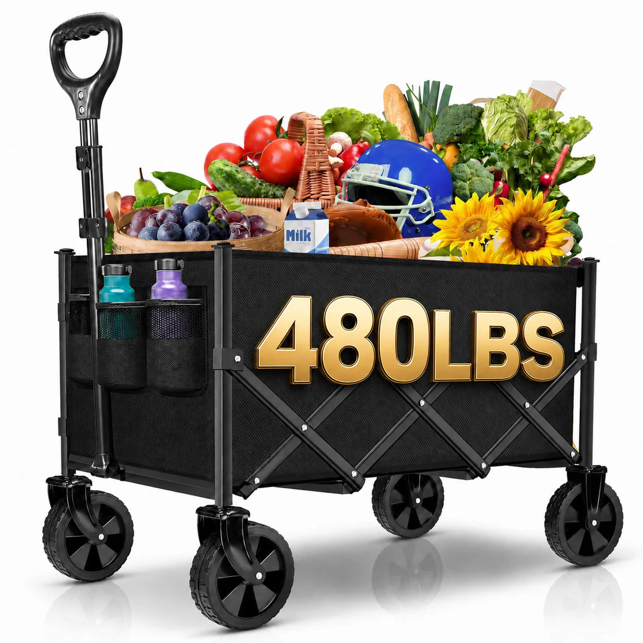 Collapsible Folding Wagon Cart, 480 lbs Heavy Duty Utility Wagon with Large Wheels, Adjustable Pull Handle and Side Cup Holders, Portable Garden Cart for Shopping, Camping, Sports Gear and Outdoor Use