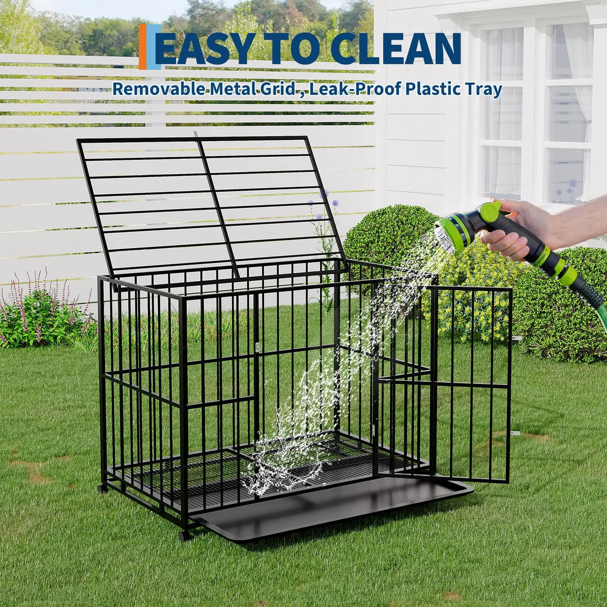 36 Inch Heavy-Duty Stainless Steel Dog Crate Escape-Proof Stackable Indoor Kennel with Double Locking Doors, Removable Tray, Openable Top and Lockable Wheels for Small Dogs