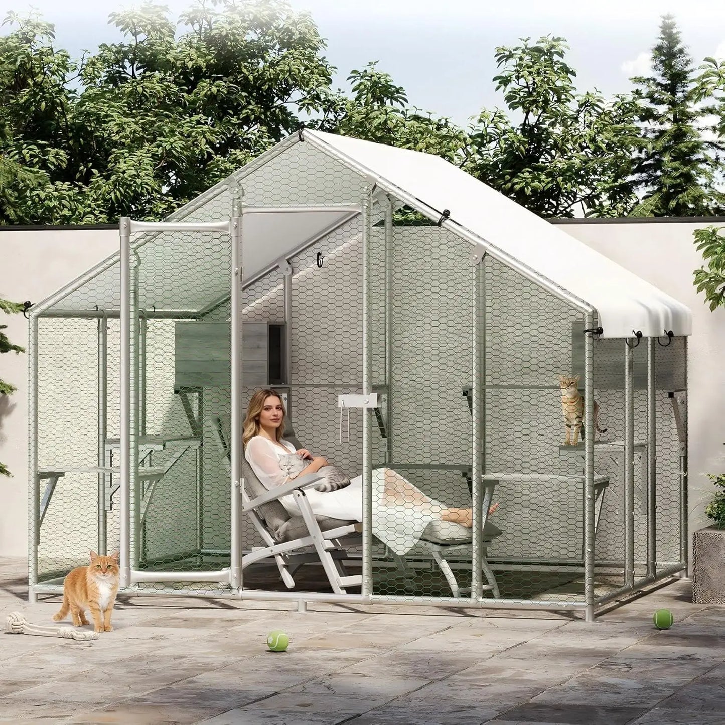 Outdoor Extra Large Walk-In Cat Catio Enclosure With Roof, Rest Boxes, Play Shelves, 7 Platforms, Chicken Run Coop for Patio, Yards