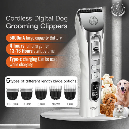 New Upgrade 5000mA Capacity Cordless LCD Screen Pets Dog Grooming Clippers Rechargeable Haircut Shaver for Trimming Salon