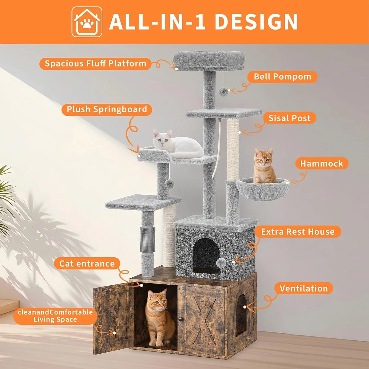 3-in-1 Modern Cat Tree with Hidden Litter Box Enclosure, Cat Condo Furniture with Scratching Post, Hammock & Platforms, Odor Control Tower for Small Spaces, Rustic Brown