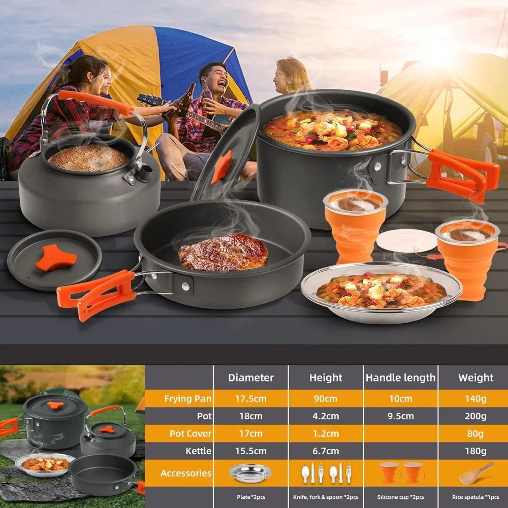 Lightweight Camping Cookware Set with Non-Stick Pan, Pot, Kettle, Plates & Utensils for 2-3 People, Portable for Backpacking, Hiking, Picnics