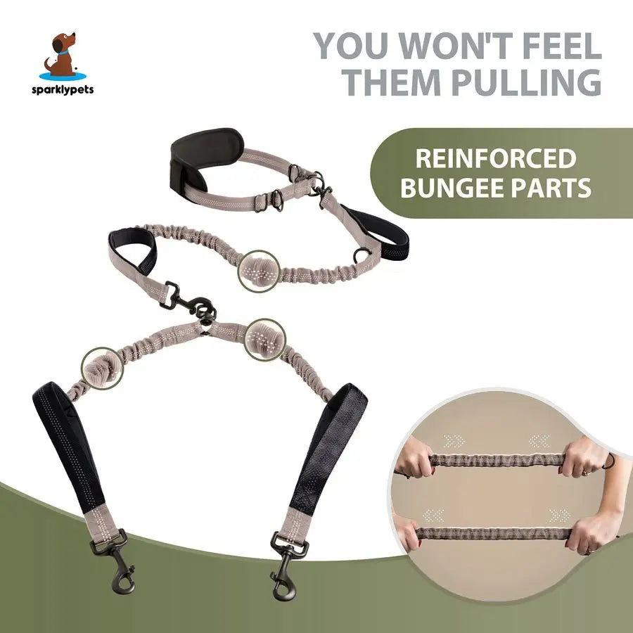 Hands Free Double Dog Leash Dual Leash for Medium and Large Breeds Lead for 2 Dogs with Padded Handles, Reflective Stitches
