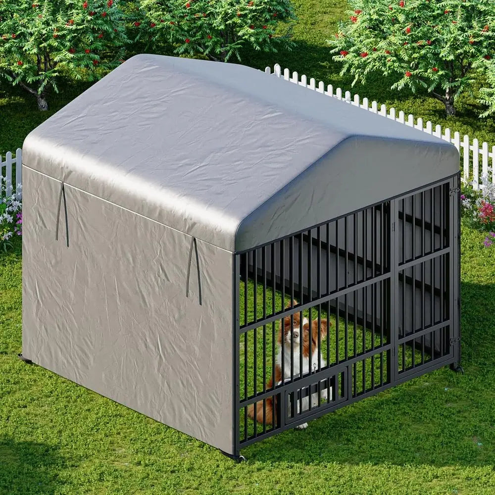 Durable Outdoor Dog Kennel with Waterproof Cover and Rotating Feeding Bowls for Medium to Large Dogs
