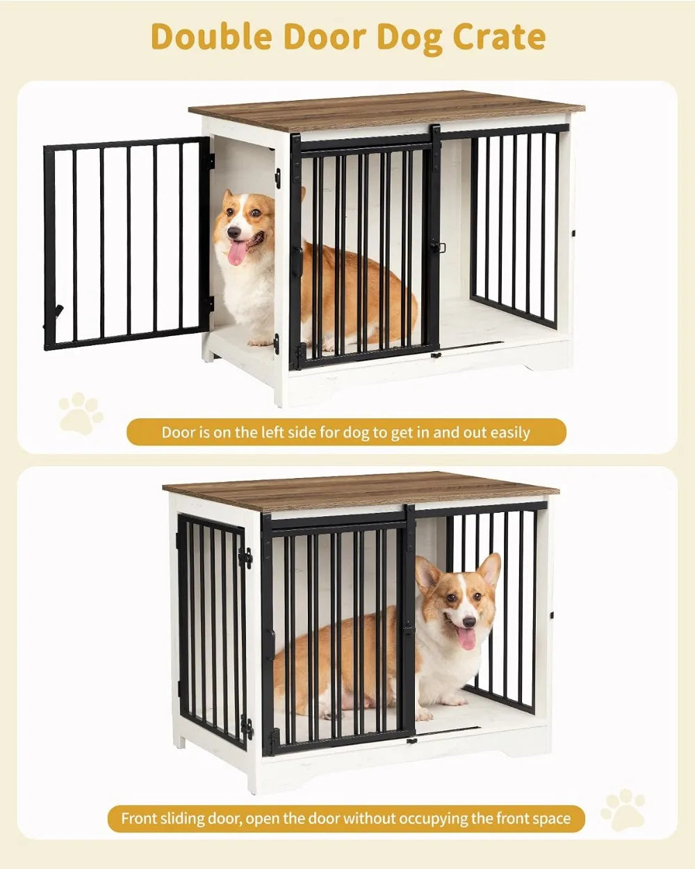 31.9" Wooden Dog Crate Furniture with Barn Door, Heavy Duty Indoor Kennel for Small Medium Dogs up to 44 lb, Anti-Chew Anti-Escape, White Brown