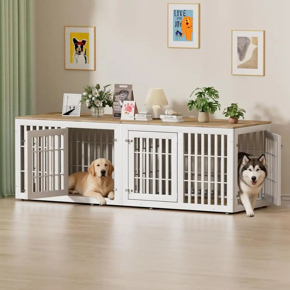 Rustic Wooden Dog Crate Furniture: Waterproof Top, Decorative Side Table for Small to Large Dogs (White & Wood)