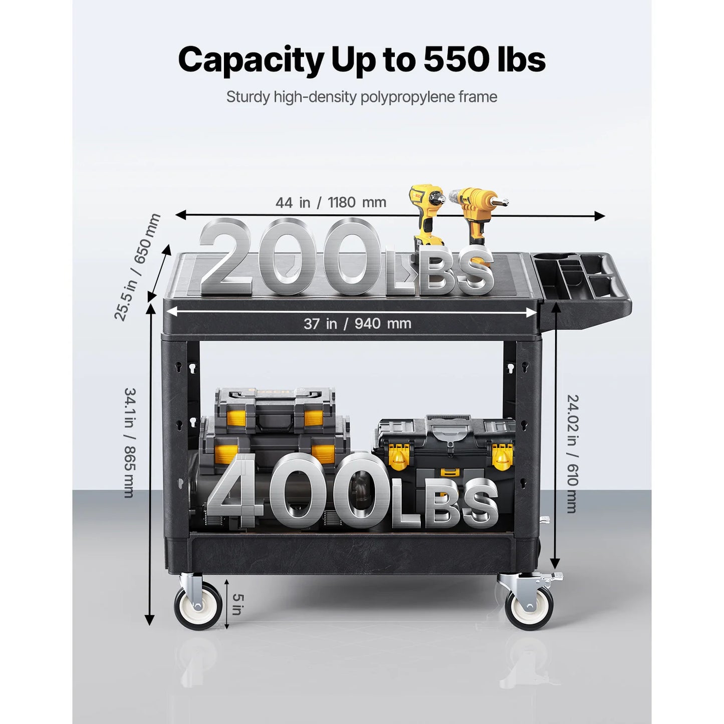 550 lbs Utility Service Cart Two-Shelf Plastic Hand Dolly Cart with 360° Swivel Wheels for Warehouse Garage Cleaning
