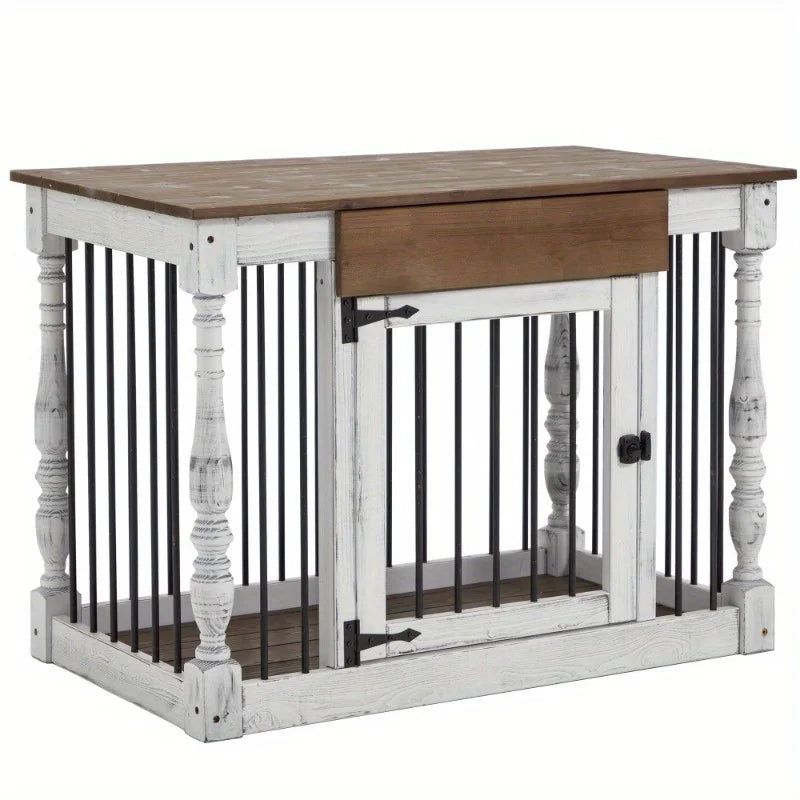 39" Wood Dog Crate End Table for Small & Medium Dogs, Elegant Indoor Kennel Furniture with Roman Column Design, White