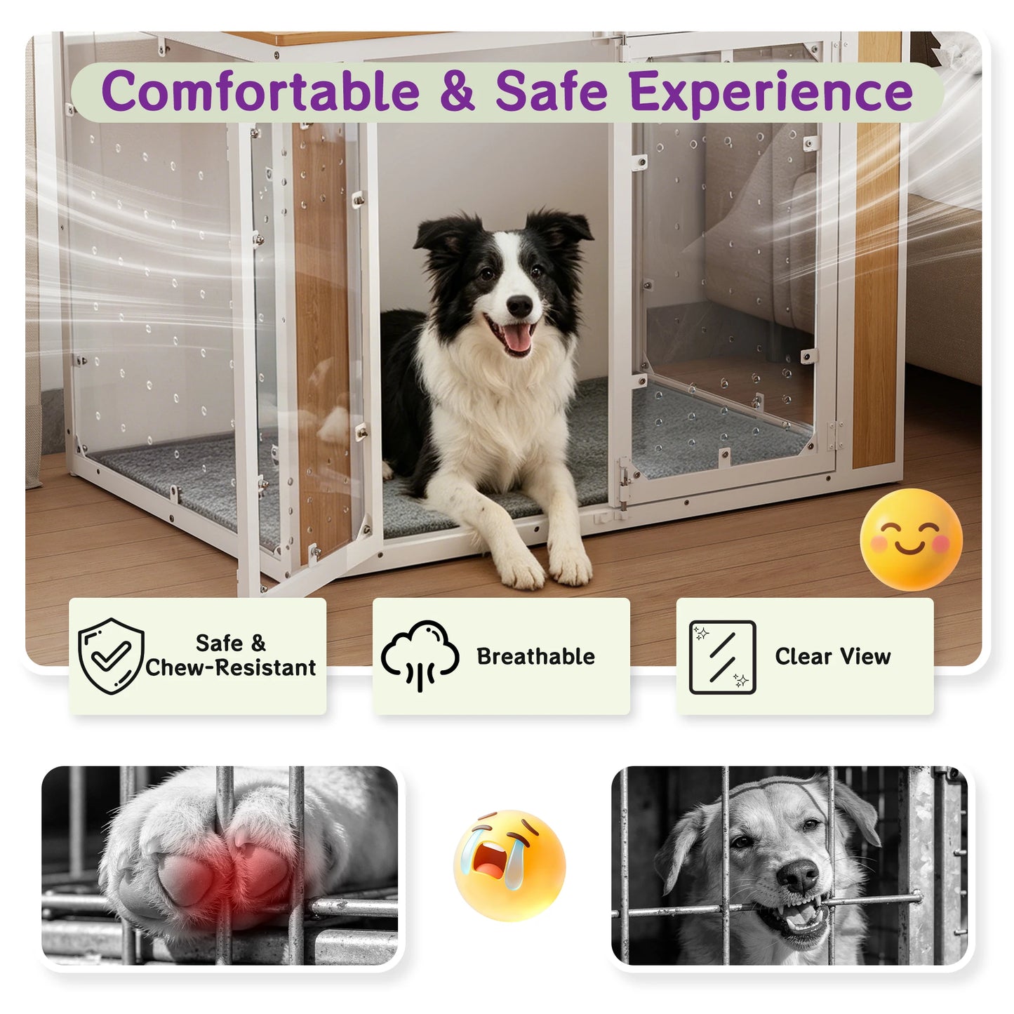 Modern Acrylic Dog Crate Furniture with Wood Top,Indoor Dog Crate Furniture Style End Table, Chew-Proof Breathable Pet Kennel with Double Doors, Stylish Indoor Dog House End Table for Medium to Large Dogs, (Suitable for 20-90lbs)
