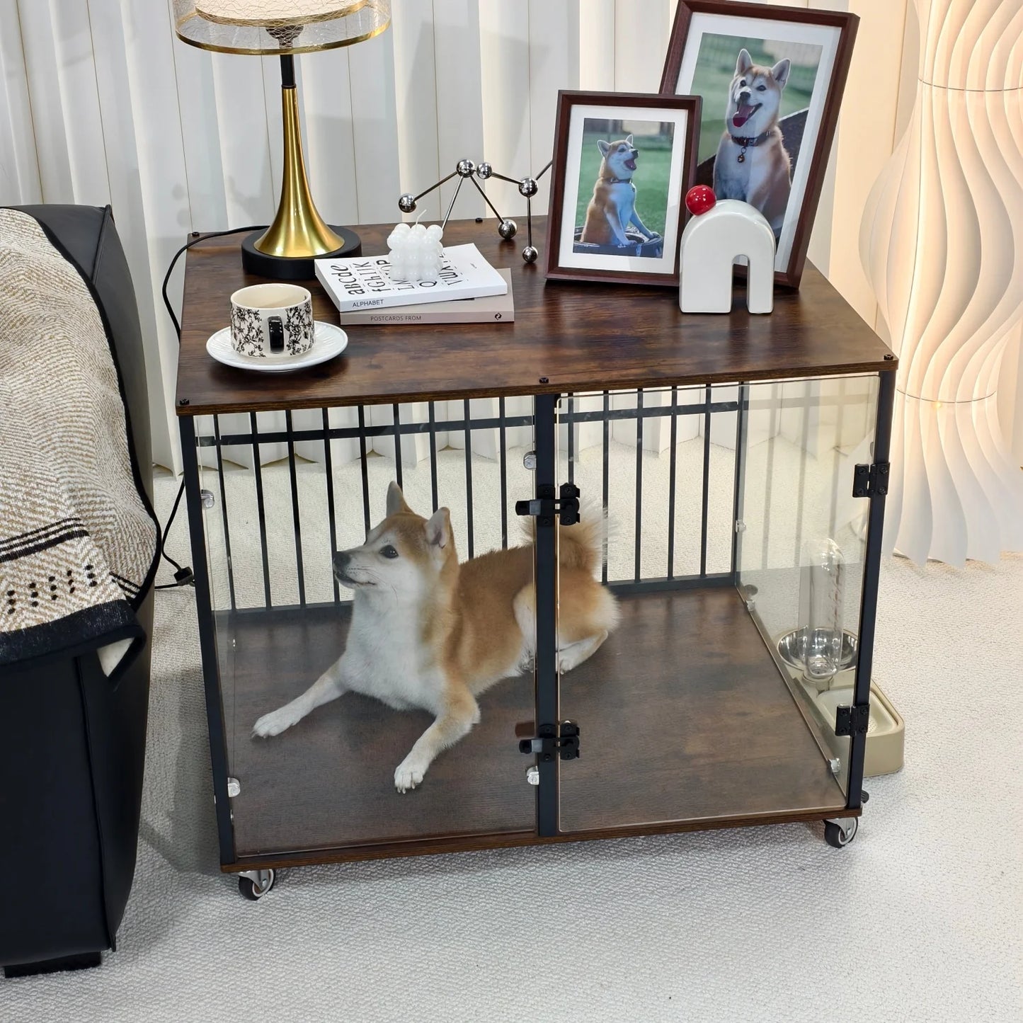 Dog Crate Furniture-Style Cages for Small and Medium Dog Rolling Tempered Glass Pet Kennels End Table Anti-bite