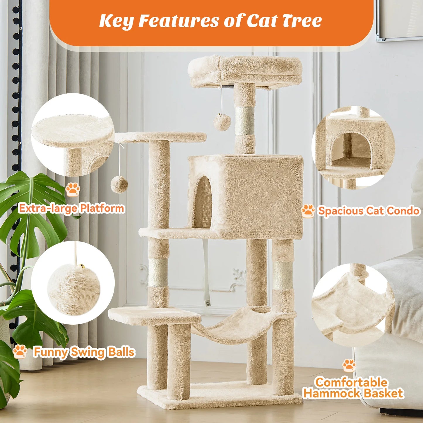 44IN Cat Tree Tower, Cat Climbing Tower with Natural Sisal Scratching Posts, Pet Condo for Indoor Cats and Kittens Play