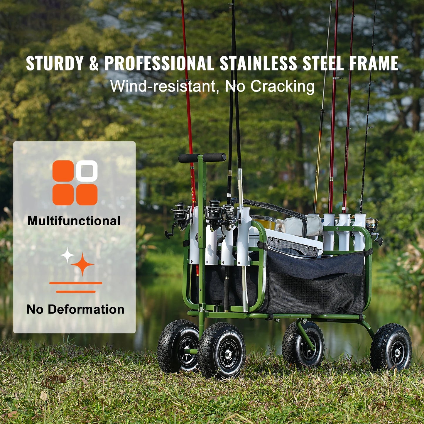 300lbs Beach Fishing Cart Fish Marine Foldable Cart with 4 11" Wheels 8 Rod Holders Pier Wagon Trolley for Sand Picnic