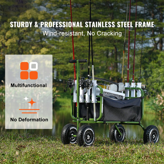 300lbs Beach Fishing Cart Fish Marine Foldable Cart with 4 11" Wheels 8 Rod Holders Pier Wagon Trolley for Sand Picnic