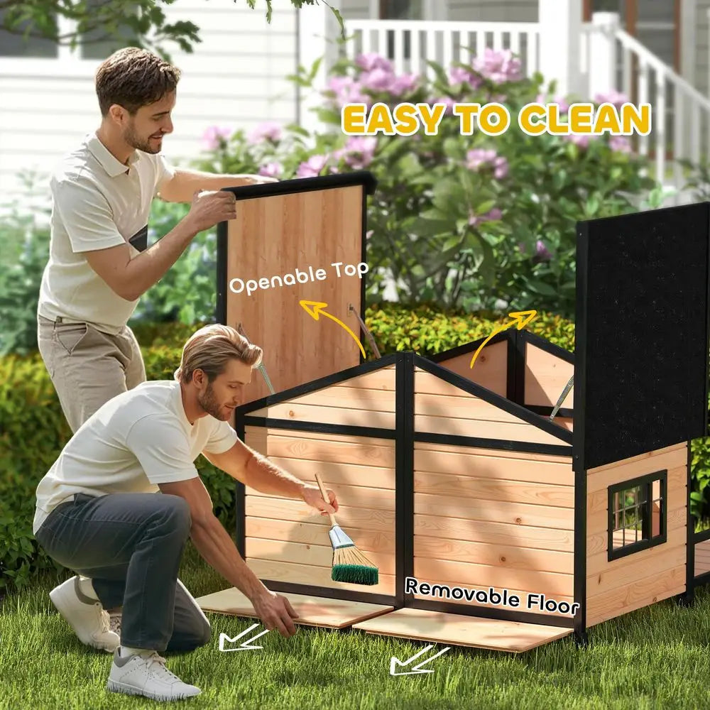 Dog House Outdoor, Wooden Dog Kennel Weatherproof with Porch, Openable Roof, Removable Bottom, Elevated Floor, Double Room for Two Pets