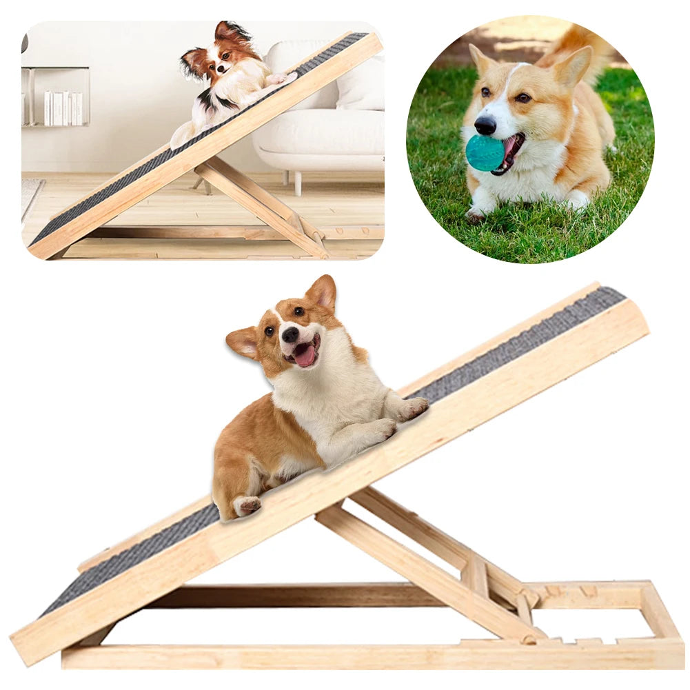 Wooden Folding Dog Ramp 3/4 Levels Height Adjustable Portable Pet Ramp Non-Slip Versatile for Indoor High Bed Couch