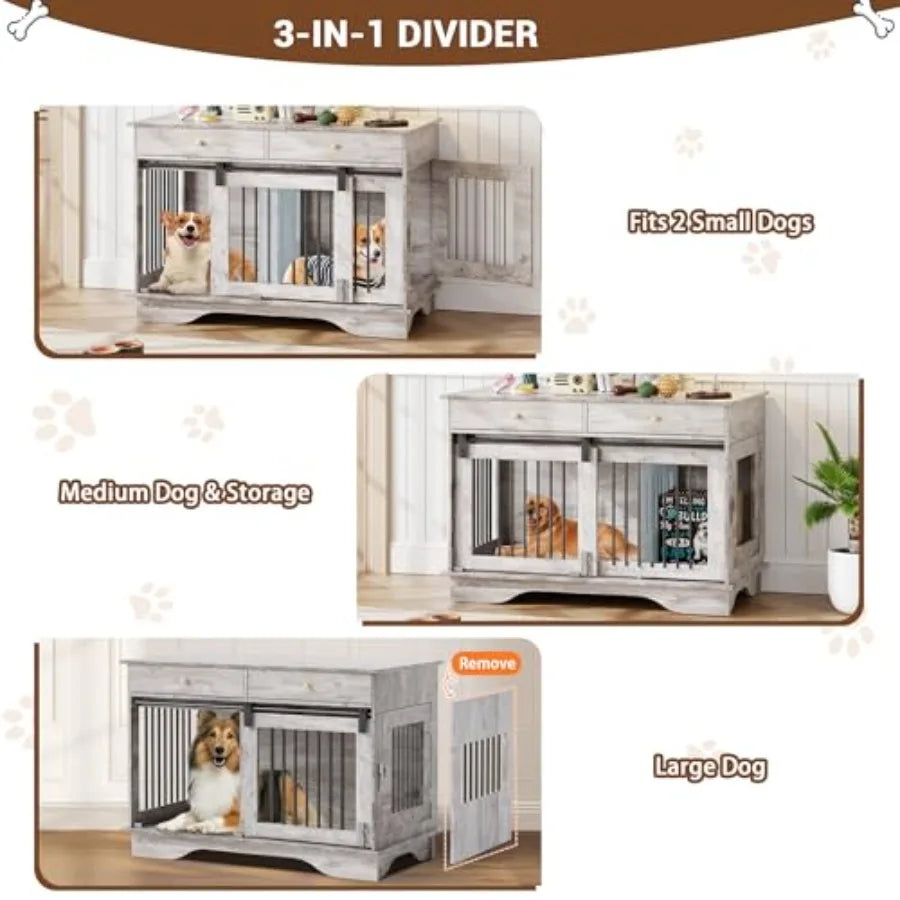 47 Inch Dog Crate Furniture with 2 Drawers, Wooden End Table Indoor Dog House with Divider for Large, Medium, and Small Dogs, Multi-Function