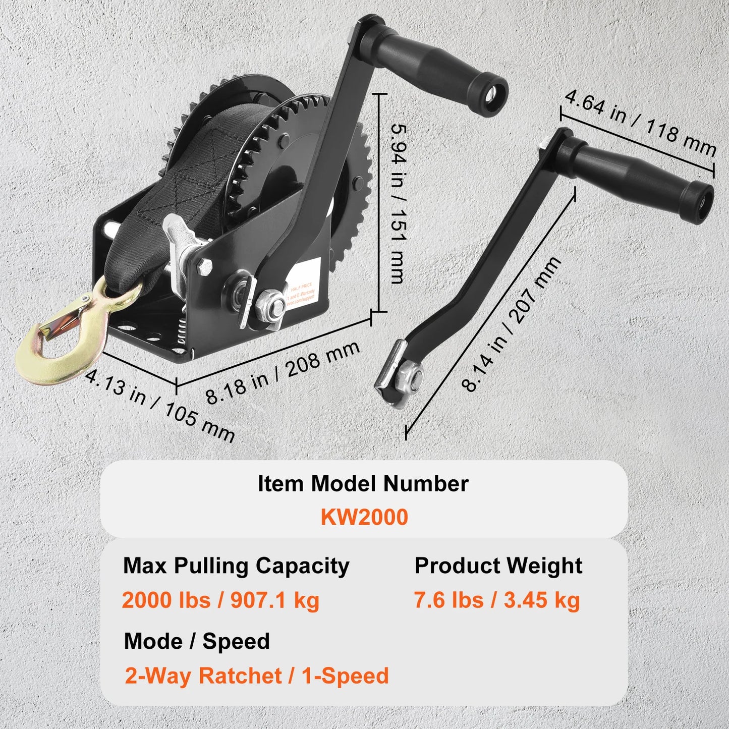 Hand Winch Boat Trailer Winch Heavy Duty Rope Crank Polyester Strap & Two-Way Ratchet Manual Operated Hand Crank Winch