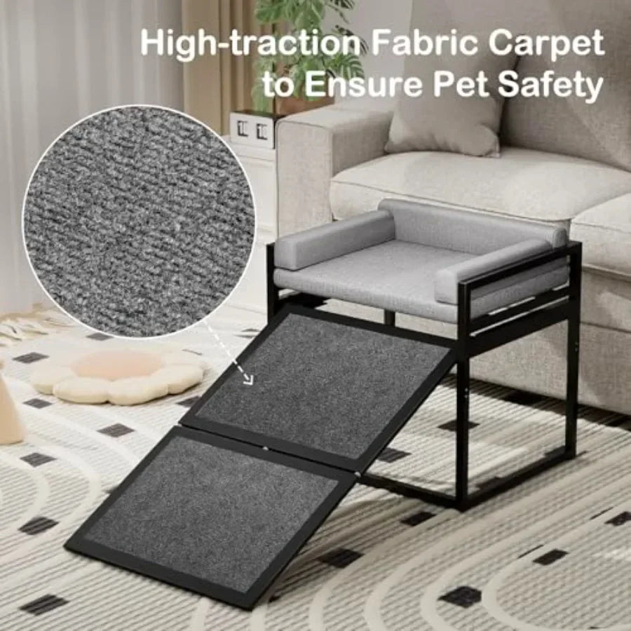 Non-Slip Dog Ramp With Extra-Wide Grey Seat, Metal Frame, Washable Cushion, for High Beds/ Couches/ Office; Ideal for Dachshunds,