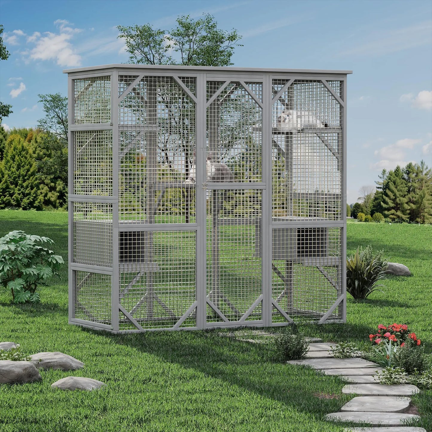 Extra Large Walk-in Catio Outdoor Enclosure Weather-Resistant Cedar Multi-Level House With Window & Locking Doors For Cats