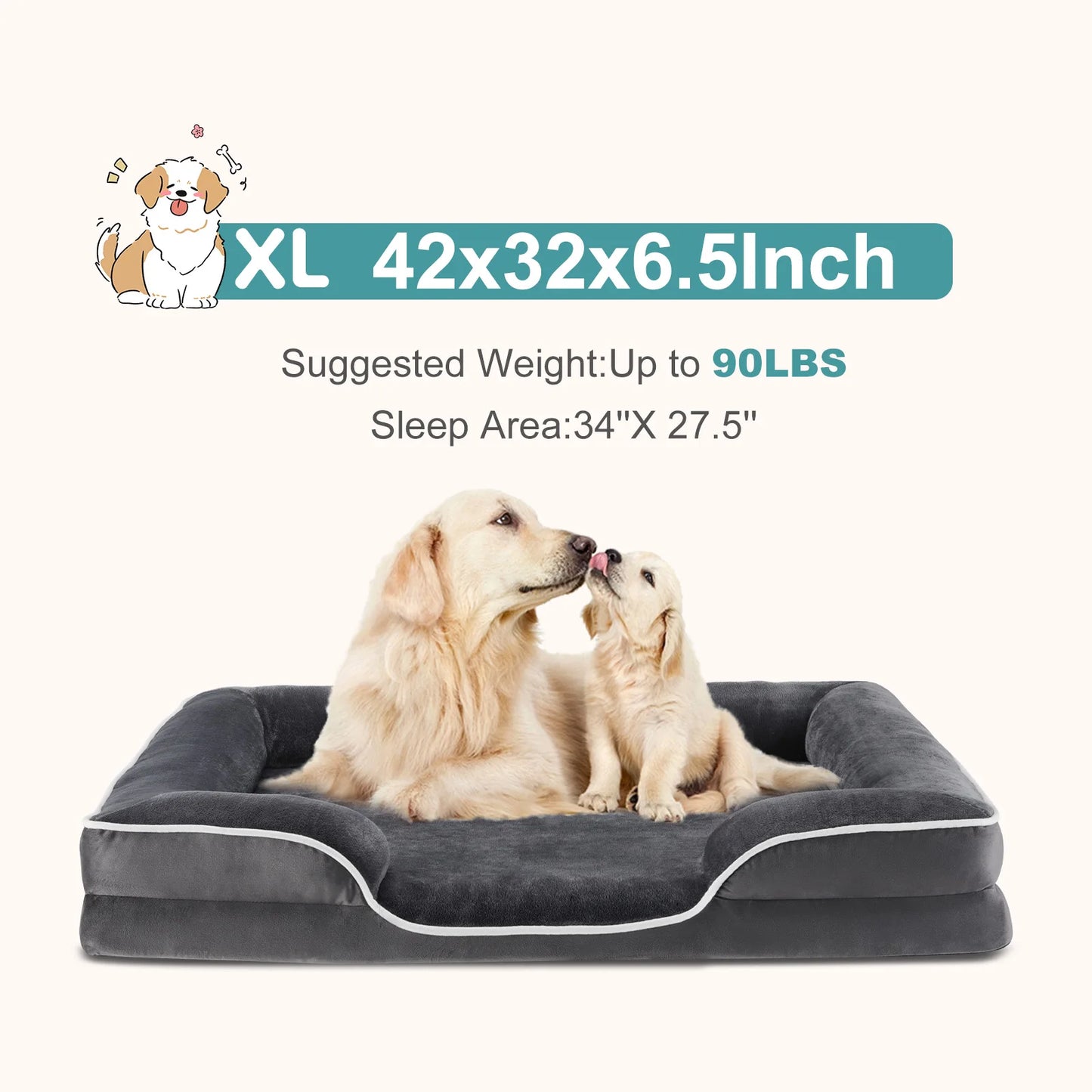 42 x 32 Inch Memory Foam Dog Bed XL Machine Washable Cover Pet Bed Anti-Slip Waterproof Memory Foam Couch Bed for Home Pet Indoor Dogs