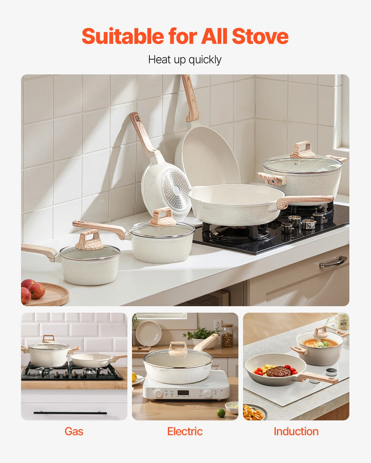SucceBuy 17 Piece Pots and Pans Set Granite Nonstick Cookware Set Induction Cookwares Kitchen RV Cooking Sets with Pan Protector