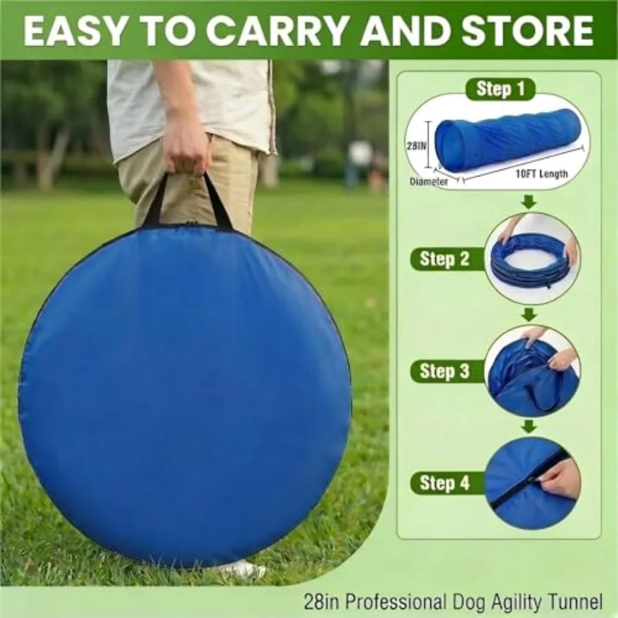 28in Dog Tunnel for Large Dogs, 10ft Heavy Duty Dog Agility Training Equipment with 3 Sandbags 4 Stakes, Portable Carry Bag