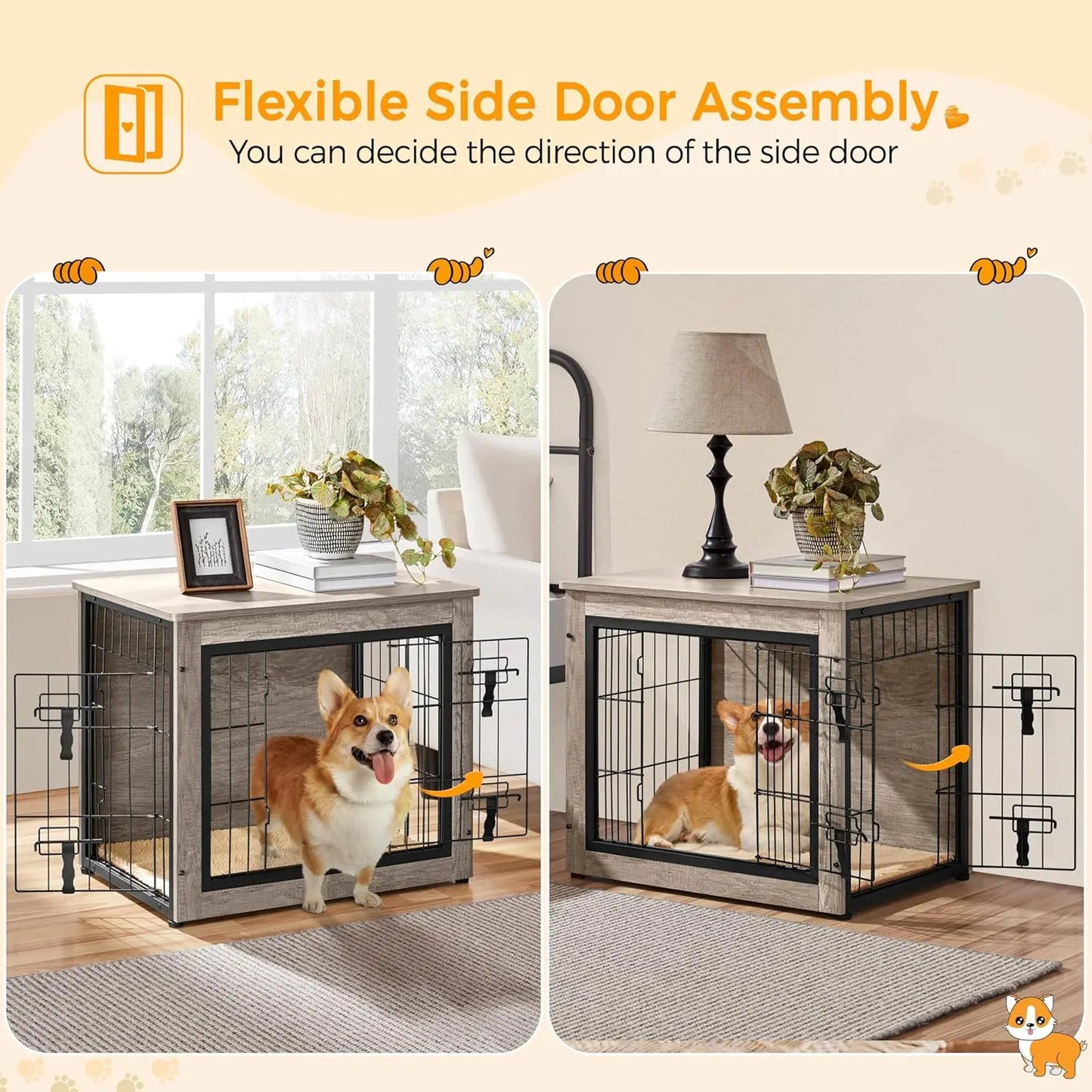 Wooden Dog Crate Furniture with Cushion, Double Doors, Side Table for Small/Medium Dogs, Greige