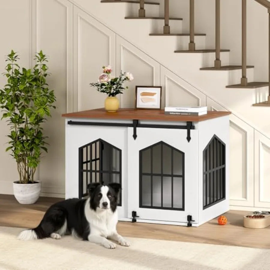 Dog Crate Furniture, 31.5" Farmhouse Dog Kennel with Sliding Barn Door, Wooden Dog Cage for Small Medium Dogs, Decorative Pet House