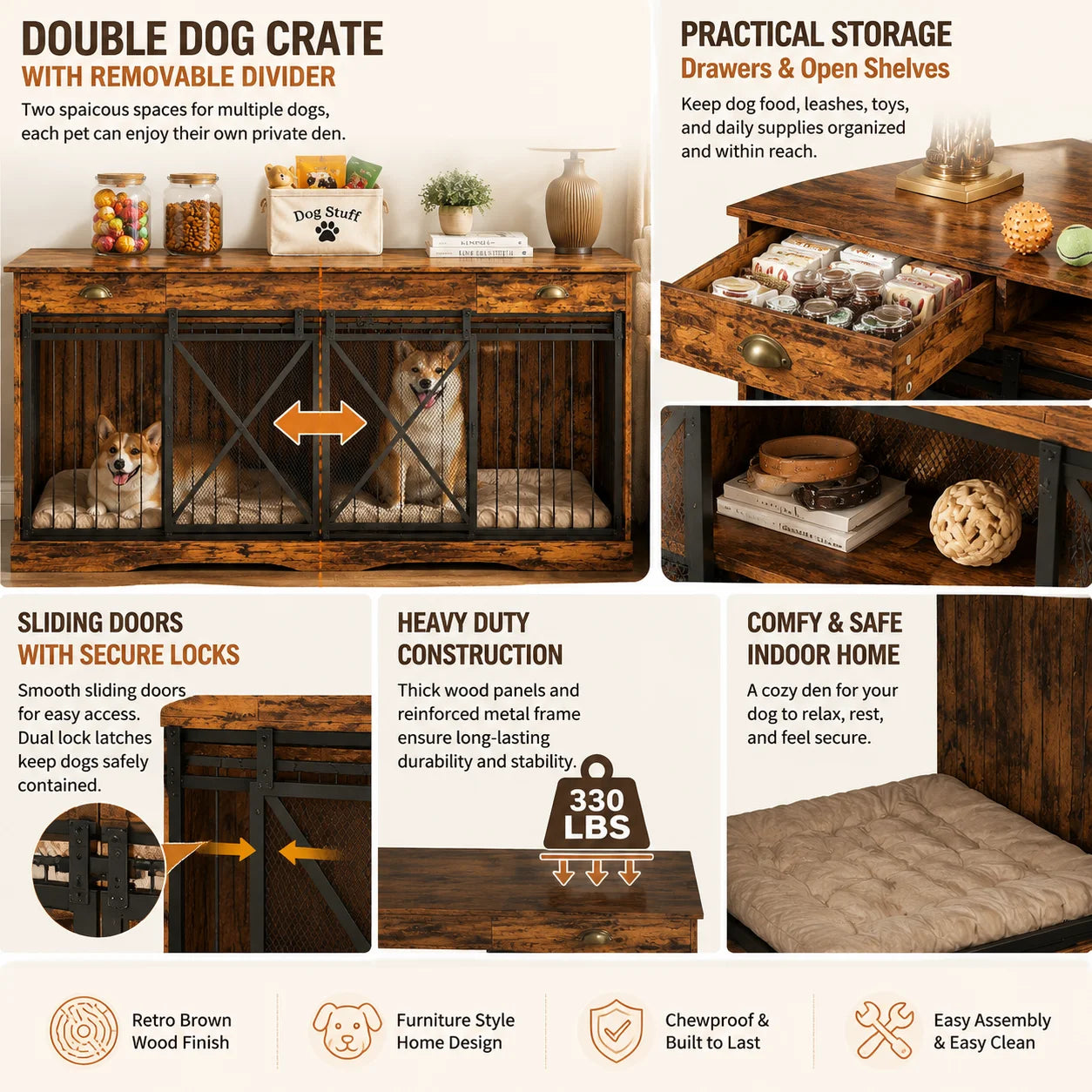 63 Inch Large Double Dog Crate Furniture with Divider Sliding Doors Storage Drawers Open Shelves Heavy Duty Wooden Indoor Dog Kennel Cabinet for Multiple Dogs Living Room Bedroom Entryway