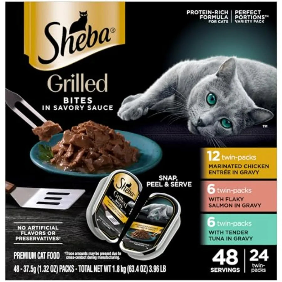 Perfect Portions Grilled in Savory Sauce Adult Wet Cat Food Marinated Chicken, Flaky Salmon, Tender Tuna, 2.64 oz. Twin-Pack