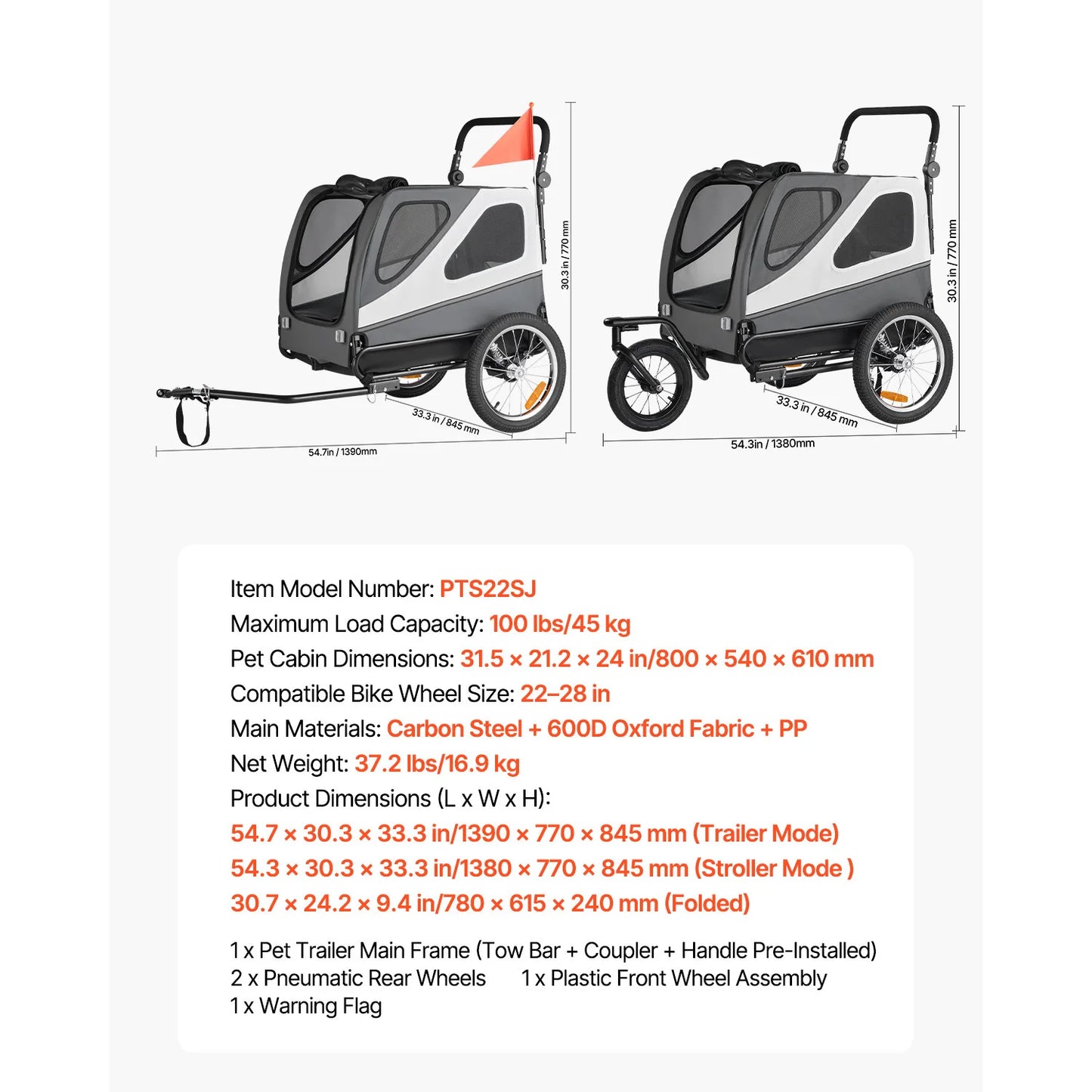 100 lbs Dog Bike Trailer 2-in-1 Pet Stroller Cart Bicycle Carrier with Release Wheel & Coupler for Small & Large Dogs