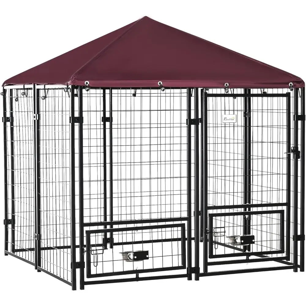 Outdoor Dog Kennel 4.6 x 4.6 x 5ft with Rotating Bowls, Waterproof and UV-Resistant Cover, Suitable for Large Breeds and Poultry