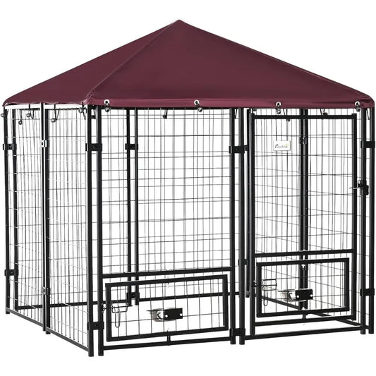 Outdoor Dog Kennel 4.6 x 4.6 x 5ft with Rotating Bowls, Waterproof and UV-Resistant Cover, Suitable for Large Breeds and Poultry